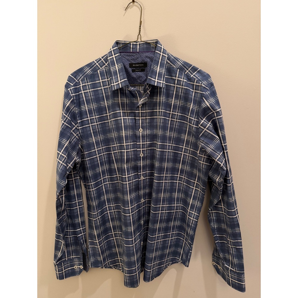 Bugatchi Men Blue White Plaid Shaped Fit Long Sleeve Cotton Button Shirt Large